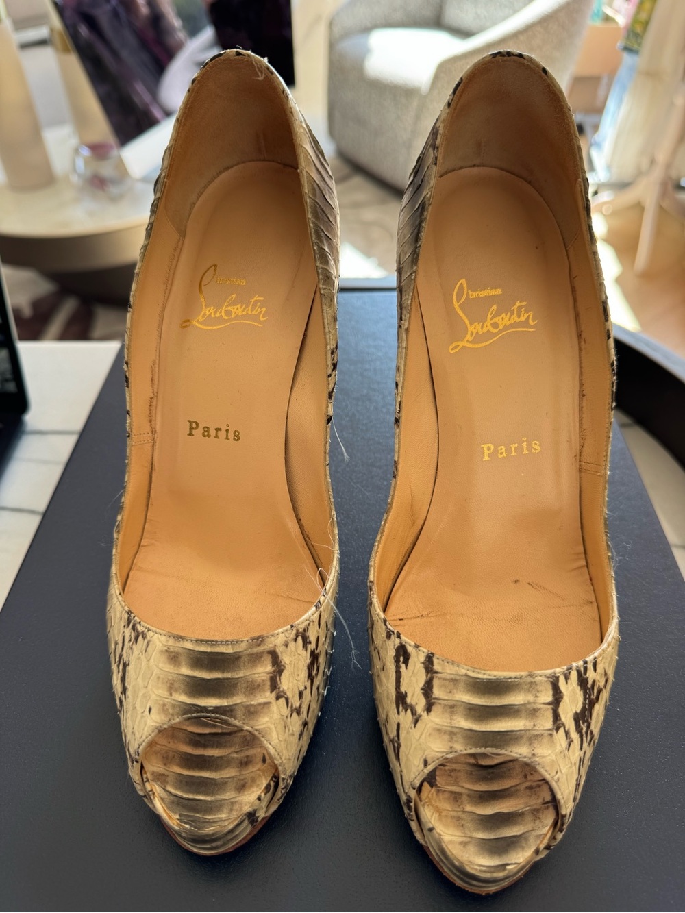 Christian Louboutin Neutral Snakeskin Peep-Toe Pumps